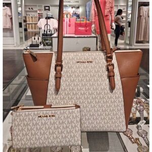 BUNDLE Michael Kors Charlotte Large Tote Vanilla Shoulder Bag wallet signature